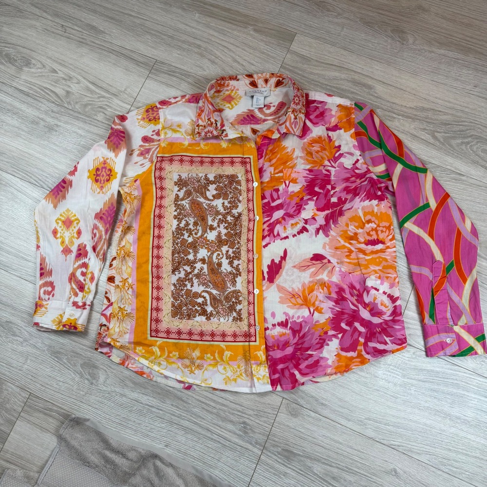 Calypso St Barth Womens Large Cotton Patchwork Floral Paisley Button‎ Down Shirt